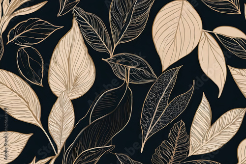 Botanical leaf line art wallpaper background for fabric, print, cover, banner, invitation. Luxury natural hand-drawn foliage pattern.