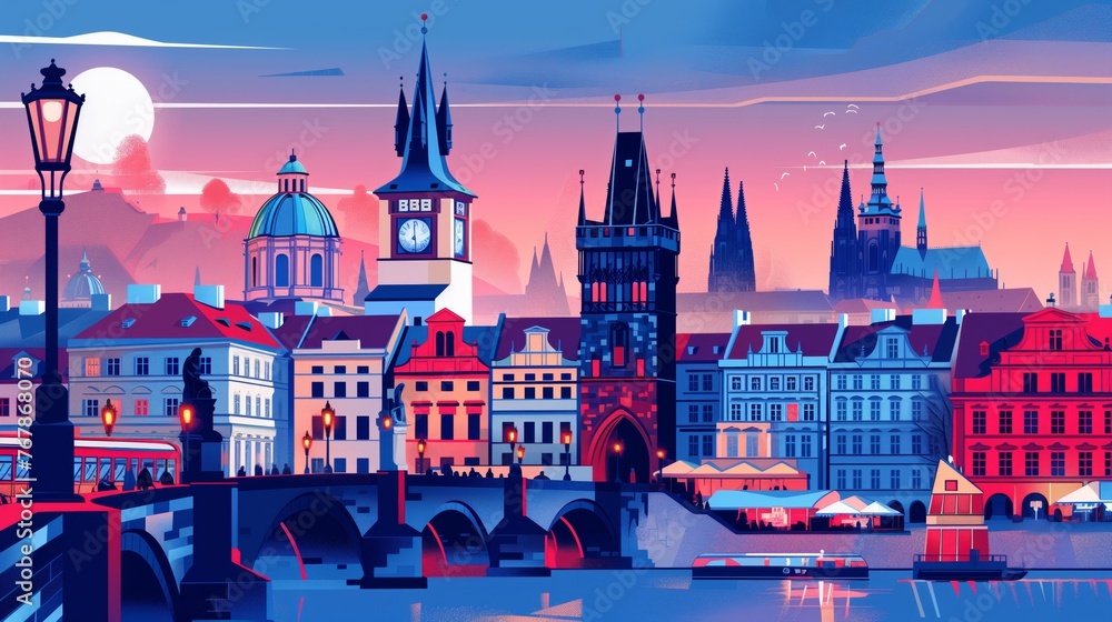 stylized illustration of Prague with castle in blue white red colors