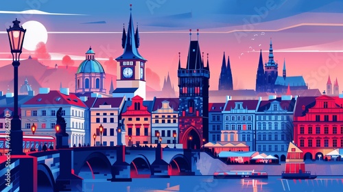 stylized illustration of Prague with castle in blue white red colors photo