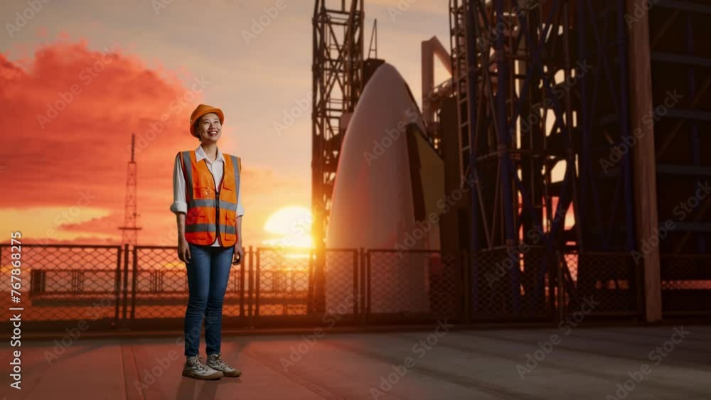 Full Body Side View Of Asian Female Engineer With Safety Helmet Looking Around While Standing With Space Shuttle, Sunset Time Full Body Side View Of Asian Female Engineer With Safety Helmet Looking Around While Standing With Space Shuttle, Sunset Time