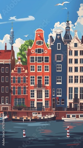 serene waterways of Amsterdam in a red white and blue illustration