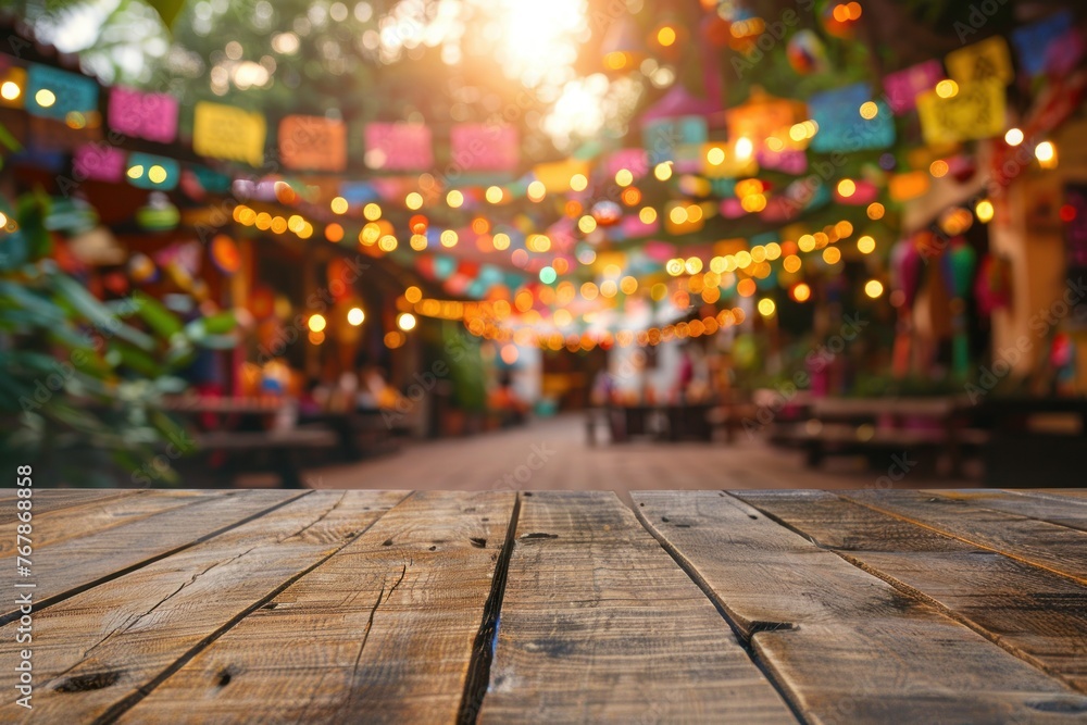 Empty wooden table and blurred background of street with colorful lights, product display montage Empty wooden table and blurred background of street with colorful lights, product display montage