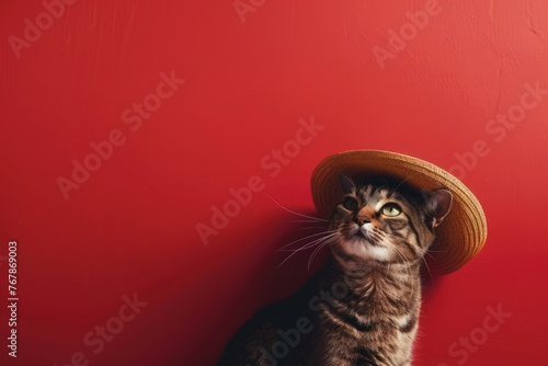 Cute tabby cat wearing a straw hat on a red background. Copy space.