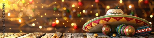 Mexican sombrero hat with maracas and bokeh lights on wooden background
