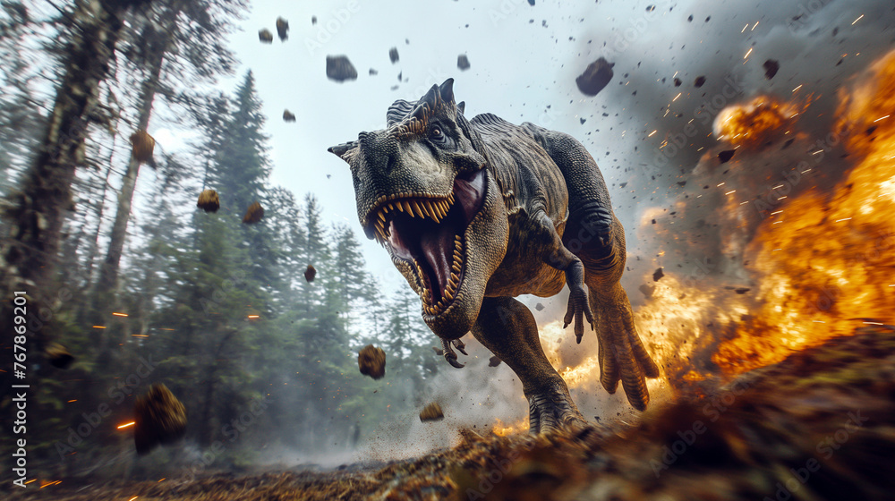 Fototapeta premium Allosaurus Dinosaur Escaping Meteor Impact