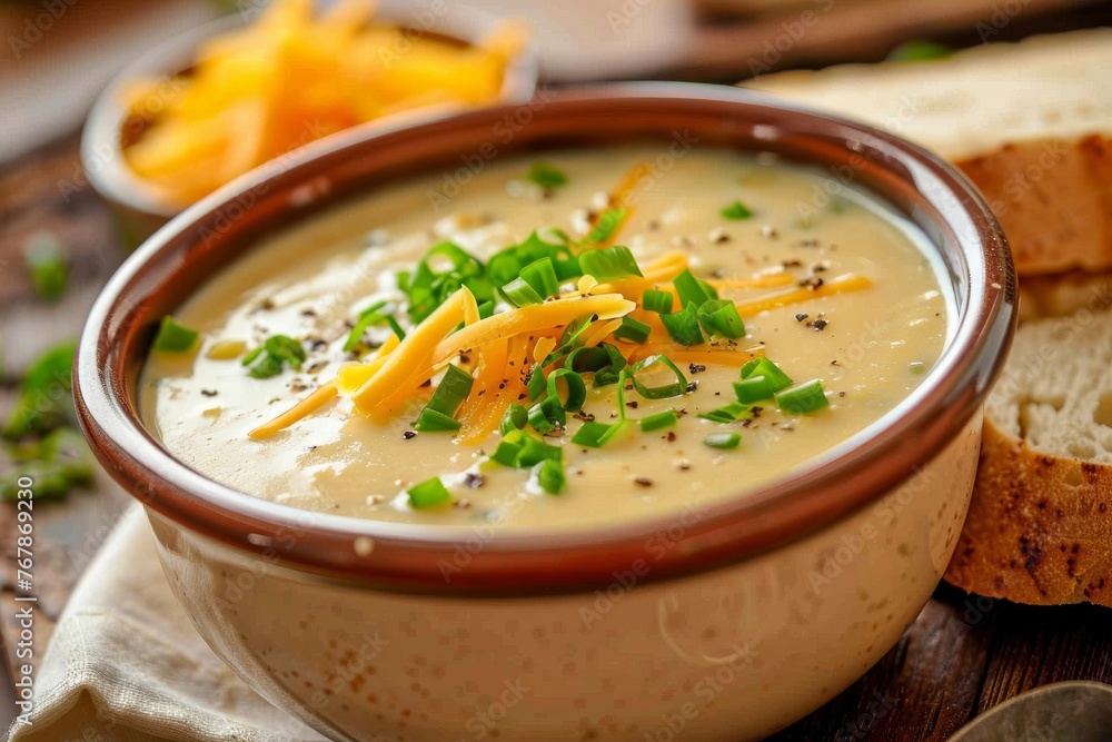 A bowl filled with creamy cheese soup topped with shredded cheese and freshly chopped green onions
