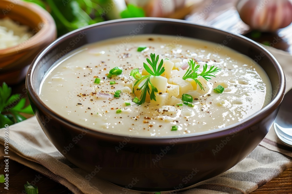 A bowl of creamy cheese soup with a green onion garnish and a spoon on a wooden table