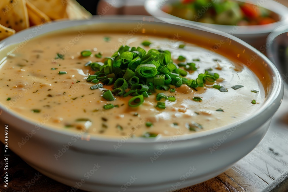 A white bowl filled with creamy cheese soup, topped with freshly chopped green onions