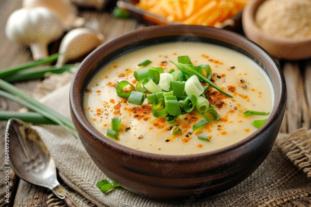 A bowl of creamy cheese soup topped with chopped onions and scallions