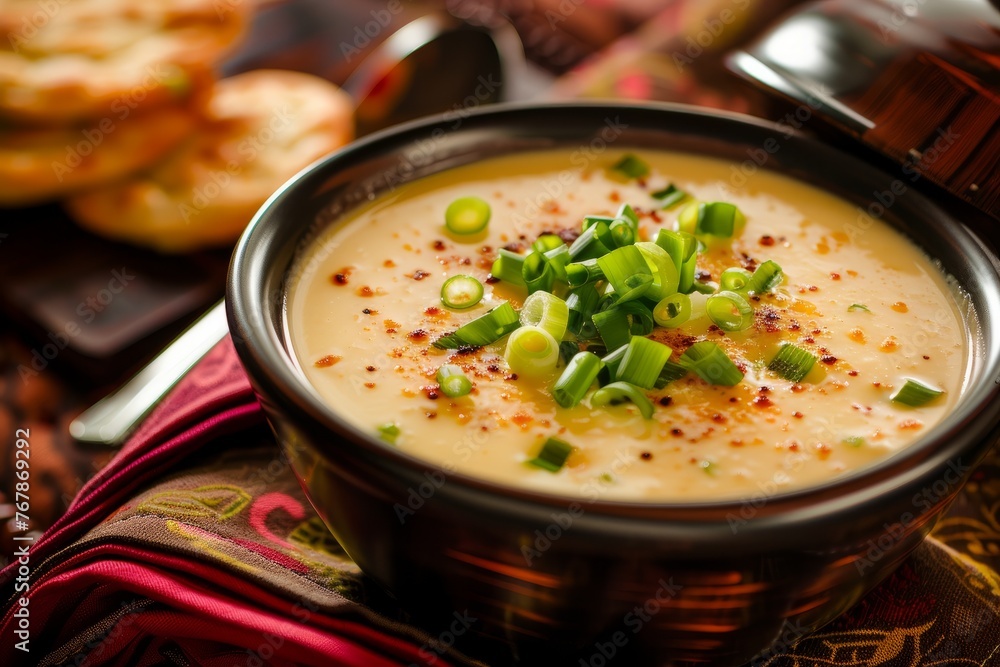 A bowl of creamy cheese soup topped with fresh green onions, creating a delicious and savory dish
