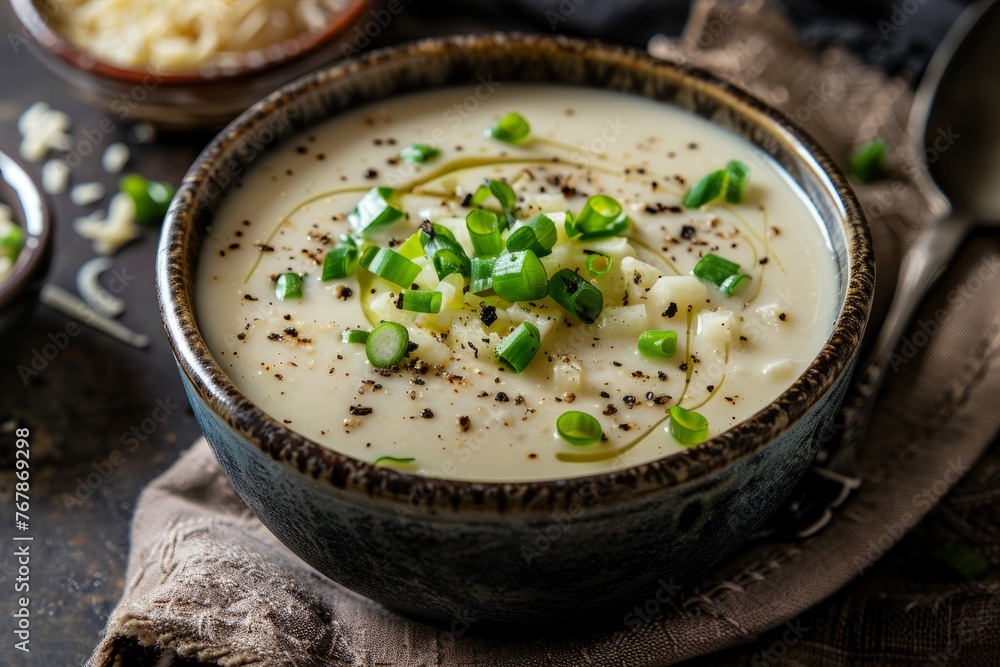 A close-up view of a bowl of creamy cheese soup topped with green onions on a wooden table