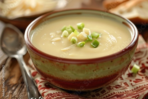 Close-up view of a bowl of creamy cheese soup with a green onion garnish, placed on a wooden table