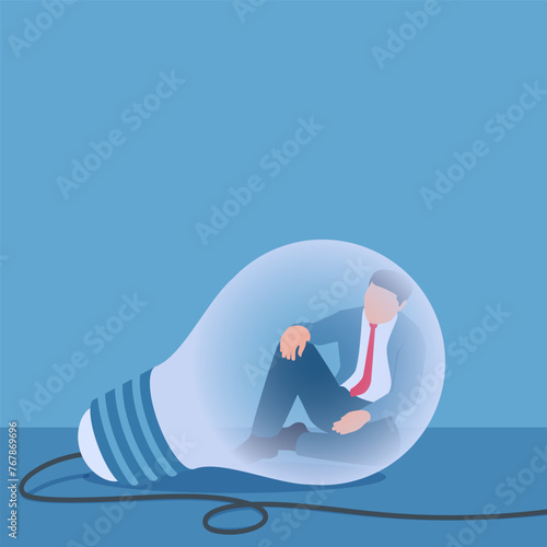 Man sitting confused inside a light bulb, illustration for overthinking.