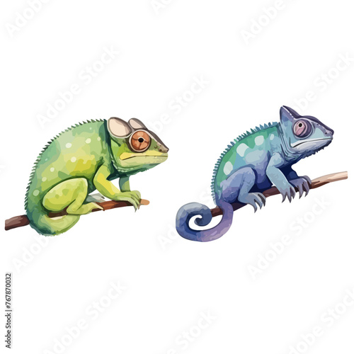 watercolor painting Illustration of a chameleon sitting on a branch  isolated on a white background  Graphic Drawing clipart  Illustration design  Vector format.