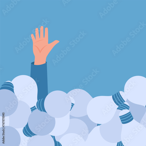 Man's hand waving upwards immersed in a pile of lights, illustration for overthinking.