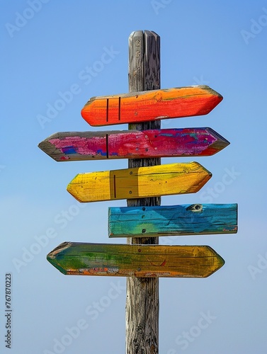 Positioned in solitude, a wooden signpost emerges with 4,5,6 arrows colors