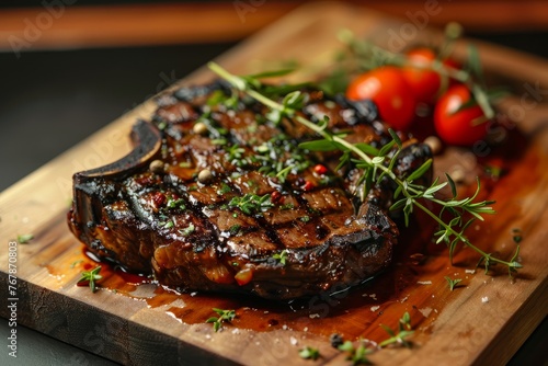 A grilled ribeye steak rests on a cutting board, accompanied by vibrant tomatoes and fresh herbs