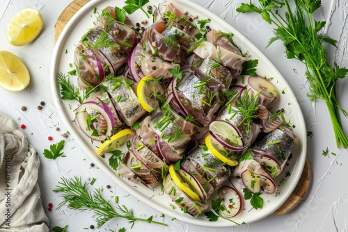 A platter artfully arranged with colorful sliced vegetables and garnished with fresh herbs, ready to be served