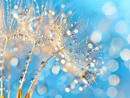 Beautiful dew drops on a dandelion seed macro. Beautiful blue background. Large golden dew drops on a parachute dandelion