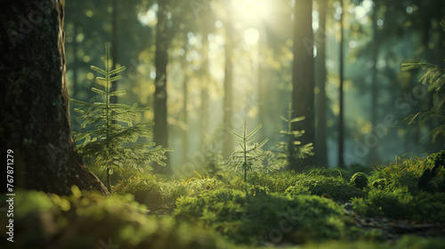 Sunshine through the forest with fern and moss