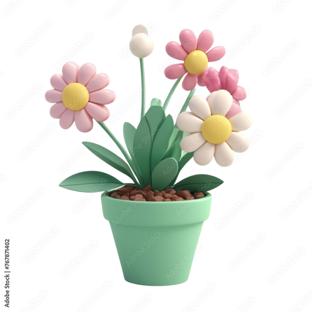 Obraz premium 3d rendering of cartoon flowers in a pot on Isolated transparent background png. generated with AI