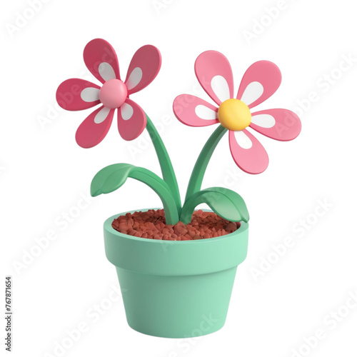 3d rendering of cartoon flowers in a pot on Isolated transparent background png. generated with AI