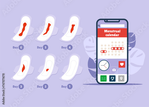 Menstrual phone application, ovulation check. Woman periods calendar.  Critical days schedule. Menstrual cycle calendar. Flat vector illustration