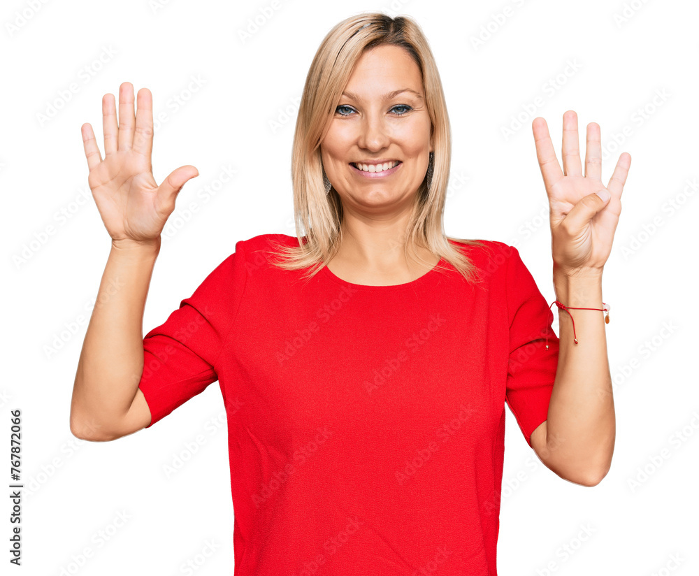 Middle age caucasian woman wearing casual clothes showing and pointing up with fingers number nine while smiling confident and happy. Middle age caucasian woman wearing casual clothes showing and pointing up with fingers number nine while smiling confident and happy.