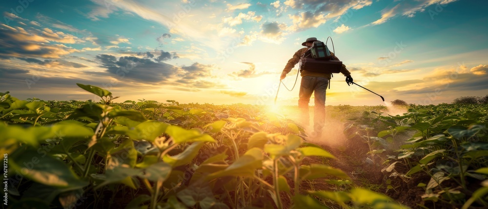 Pesticides and herbicides are sprayed on a soybean field by a farmer.