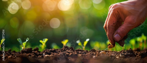 In the soil, a farmer plants a seed