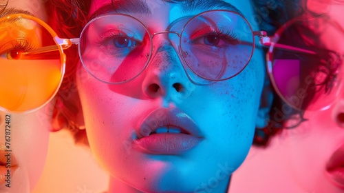 Vibrant Colored Lights on Woman with Glasses