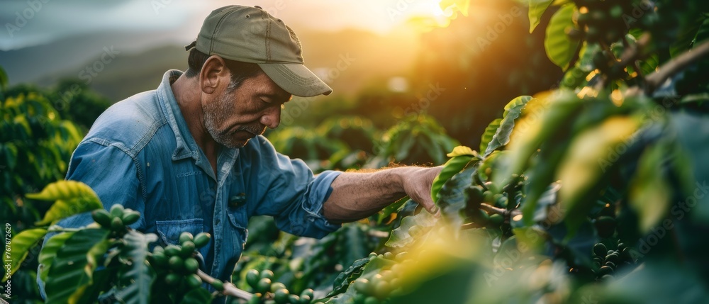 Fototapeta premium Work in the coffee field at sunset by a farmer
