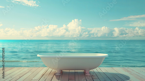 A picturesque scene is created as a white bathtub sits on the shore of a beautiful turquoise ocean.
