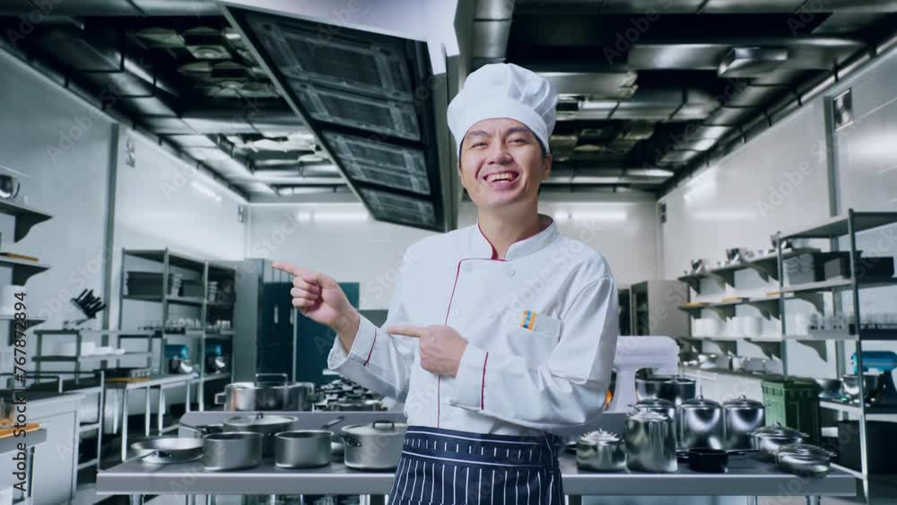 Asian Man Chef Smiling And Pointing To Side While Standing In Kitchen Asian Man Chef Smiling And Pointing To Side While Standing In Kitchen
