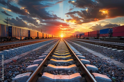 Wide-angle view of a sunset casting warm hues over railway tracks, creating a striking silhouette against the sky