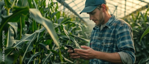 Working in a cornfield, a young farmer inspects and tunes a center pivot sprinkler system on a smartphone.