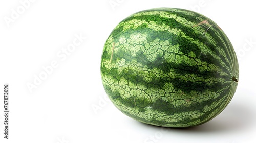 A luscious and ripe watermelon is shown in close-up against a white background and space for text or product, Generative AI.