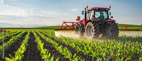 The tractor sprays pesticide on young corn