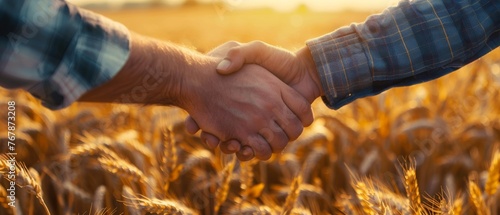 In a wheat field, farmers shake hands and sign an agreement. Concept for agricultural growth and agriculture business.