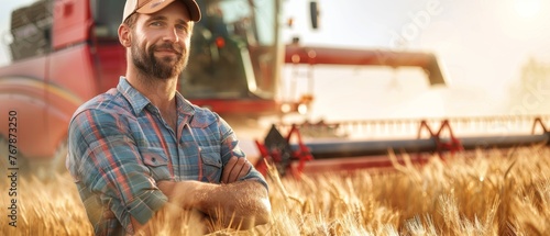 Farmer standing at his combine with hands crossed on chest. Agronomist looking at camera. Rancher working on stubble from harvested wheat field.