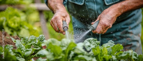 Vegetable green plants are sprayed with herbicides, pesticides, or insecticides by a farmer in the garden.