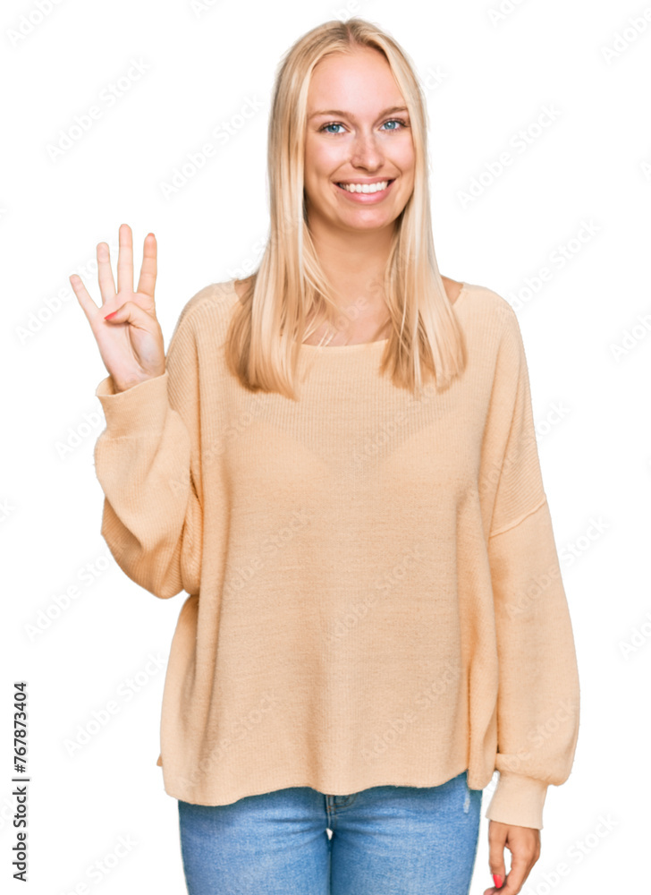 Young blonde girl wearing casual clothes showing and pointing up with fingers number four while smiling confident and happy. Young blonde girl wearing casual clothes showing and pointing up with fingers number four while smiling confident and happy.