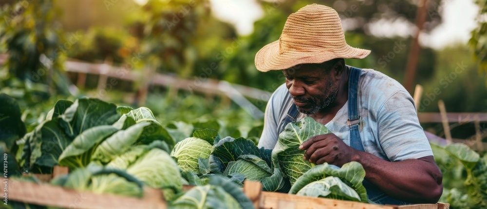 In a crate, an afro-american farmer is picking fresh organic cabbage - obrazy, fototapety, plakaty 