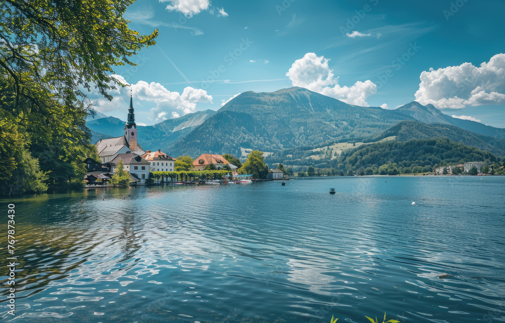 A panoramic view of a town with the iconic church and lake in Austria