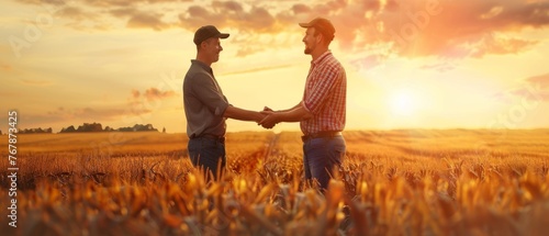 Two farmers shaking hands in a corn field, reaching an agreement. Happy and satisfied with the deal. photo