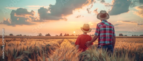 In a growing wheat field, a father and son are enjoying a sunset, enjoying the successful sowing of wheat.