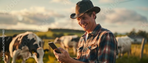 He is looking at his phone in front of cows while he stands in front of them. photo