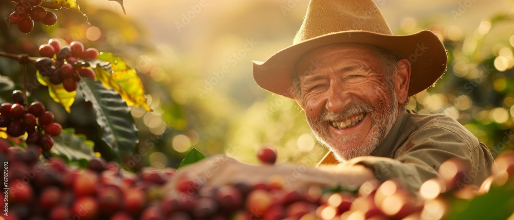 Fototapeta premium This farmer shows his freshly harvested Arábica coffee beans with a smile.