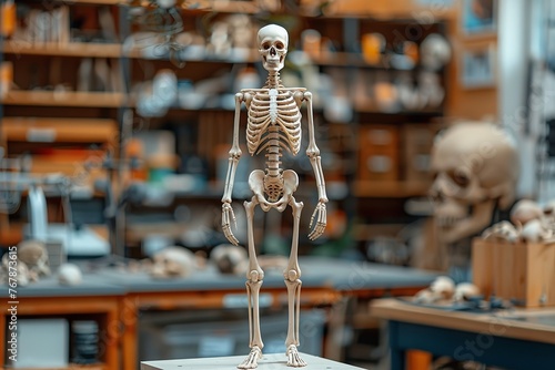 A meticulously constructed skeleton model offers a traditional anatomy and medical study aid with a retro background ideal for educational and scientific subjects, Generative AI.
