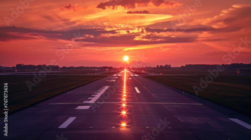 A hypnotic alignment of the sun's descent with the runway at twilight, amplifying the airport's serene environment photo